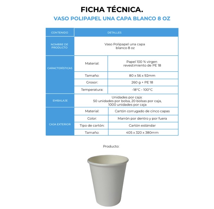 VASO POLIPAPEL UNA CAPA BLANCO 8 OZ (20X50)