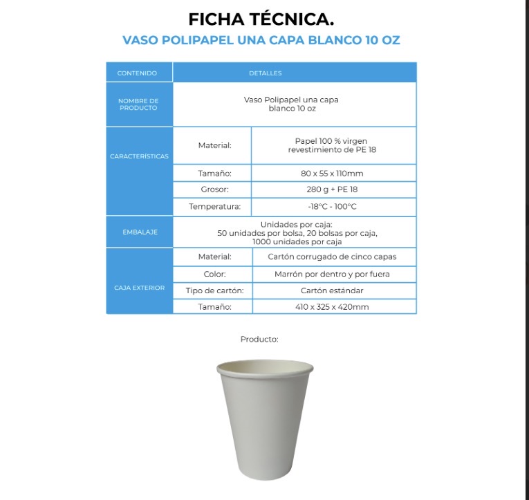 VASO POLIPAPEL UNA CAPA BLANCO 10 OZ (20X50)