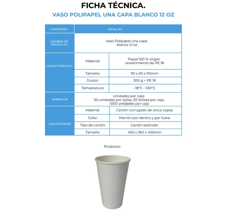 VASO POLIPAPEL UNA CAPA BLANCO 12 OZ (20X50)