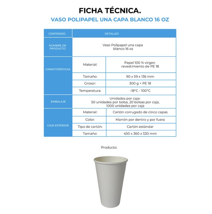 VASO POLIPAPEL UNA CAPA BLANCO 16 OZ (20X50)