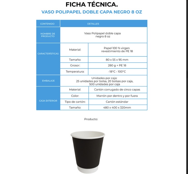 VASO POLIPAPEL DOBLE CAPA NEGRO 8 OZ (20X25)