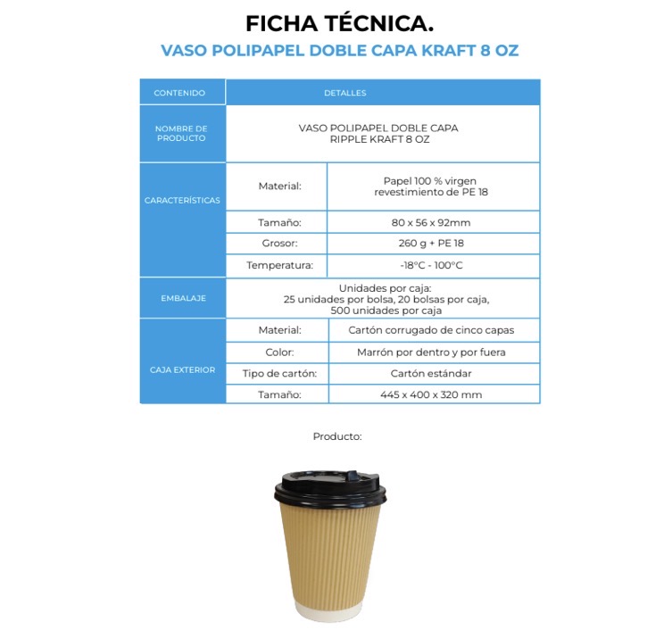 VASO POLIPAPEL DOBLE CAPA RIPPLE KRAFT 8 OZ (20X25)