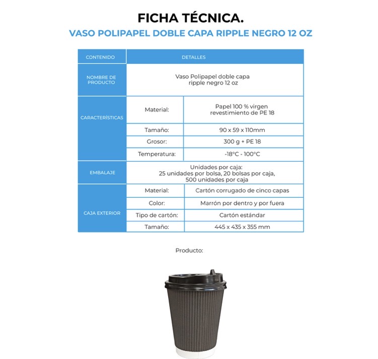 VASO POLIPAPEL DOBLE CAPA RIPPLE NEGRO 12 OZ (20X25)