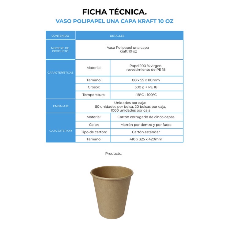 VASO POLIPAPEL UNA CAPA KRAFT 10 OZ (20X50)