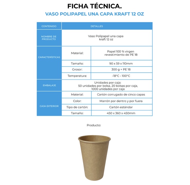 VASO POLIPAPEL UNA CAPA KRAFT 12 OZ (20X50)